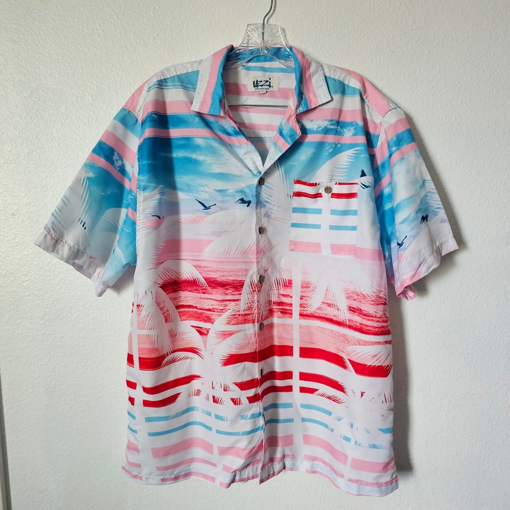 Uzzi Amphibious Gear Mens Large Tropical Sunset Palm Tree Striped Beach Shirt
